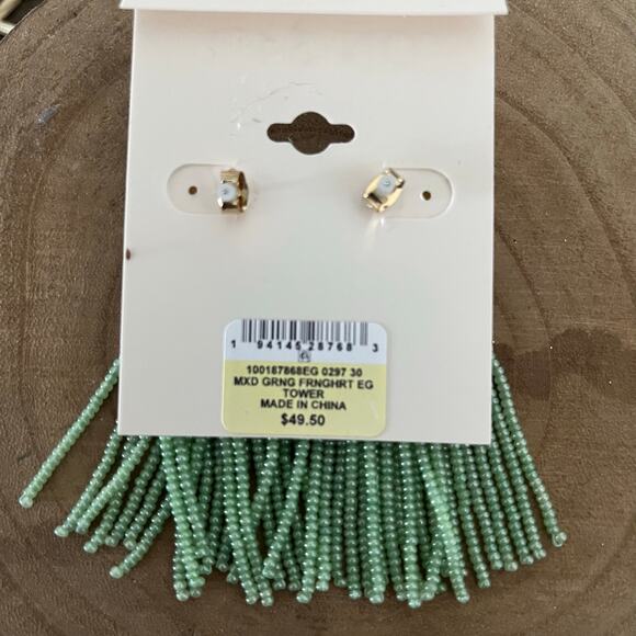 ON 34th, Emerald Green and Gold Heart Tassel Seed Bead Earrings - Picture 3 of 3
